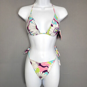 Cia Maritima Bikini Womens Large Floral Neoprene Swimwear Tie Side Semi Cheeky